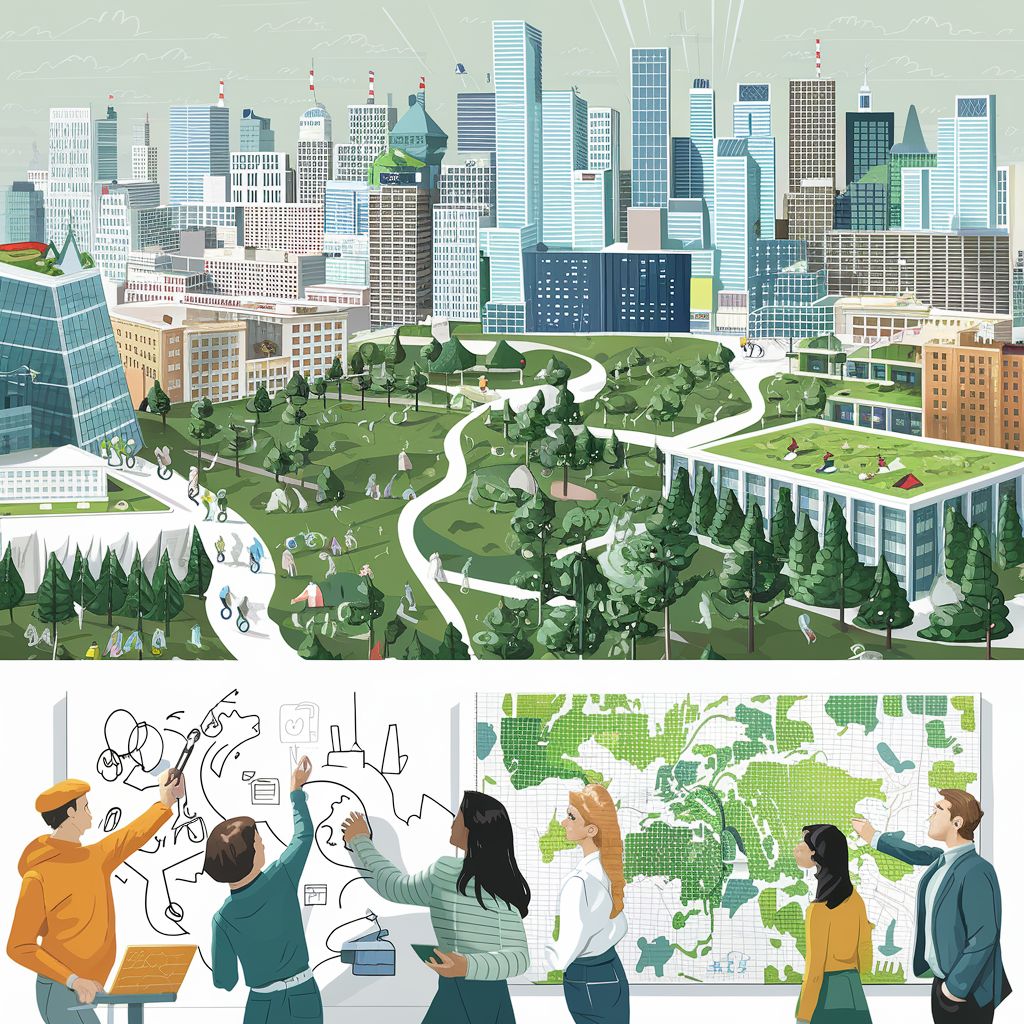 Imagem dupla: cidade repleta de vegetação e profissionais desenvolvendo soluções para cidades mais sustentáveis.