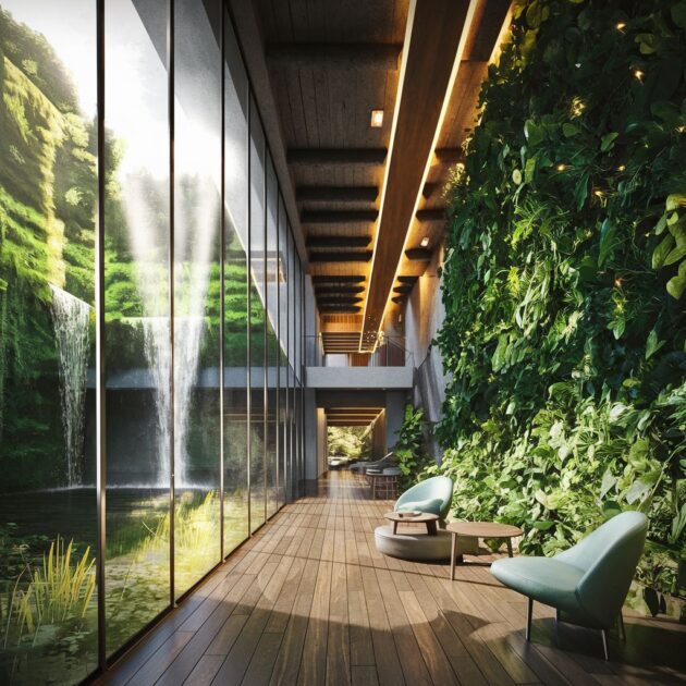 Ambiente fechado com a presença de plantas.