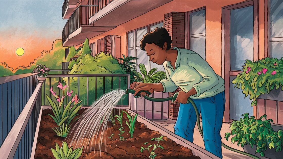 Pessoa irrigando sua horta em sua varanda de apartamento.