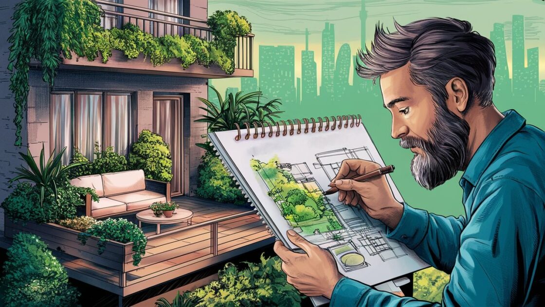 Homem projetando paisagismo para varanda de apartamento.