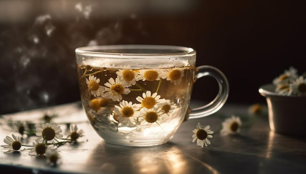 Chá de flores em xícara transparente.
