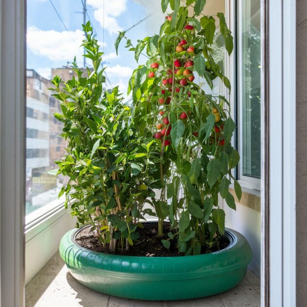 pneu reutilizado para recipiente de horta em apartamento.