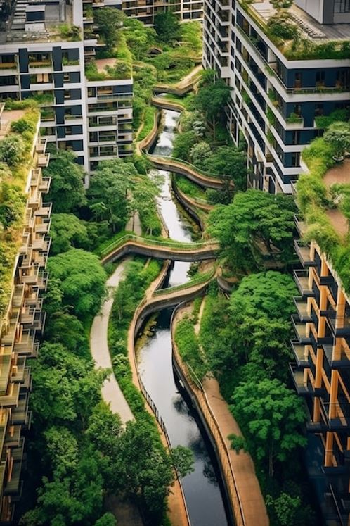 Prédios, caminhos, pontes e rios com vegetação.