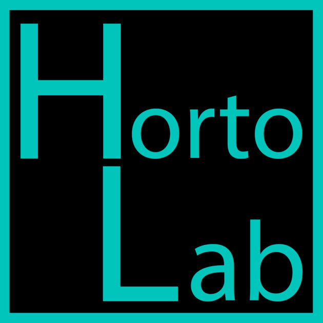 Logo HortoLab com letras verde-água e fundo preto.