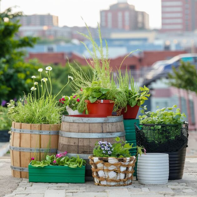 Variedade de vasos de plantas em padeira, plástico, terracota.