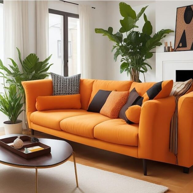 Sala com sofá laranja e plantas.