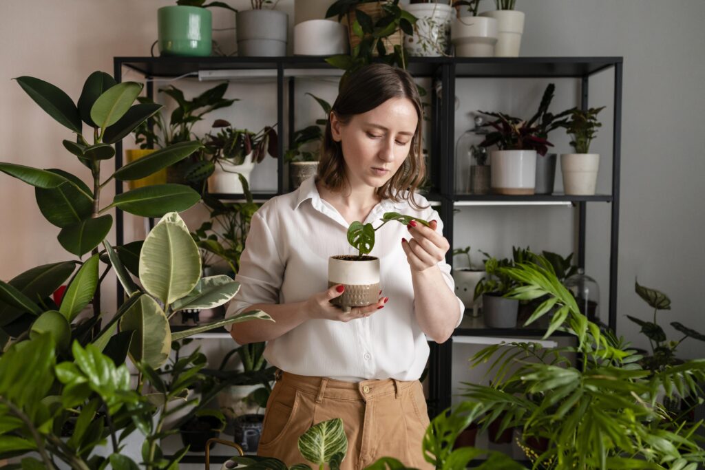 Mulher segurando planta em ambiente interno envolto de plantas.