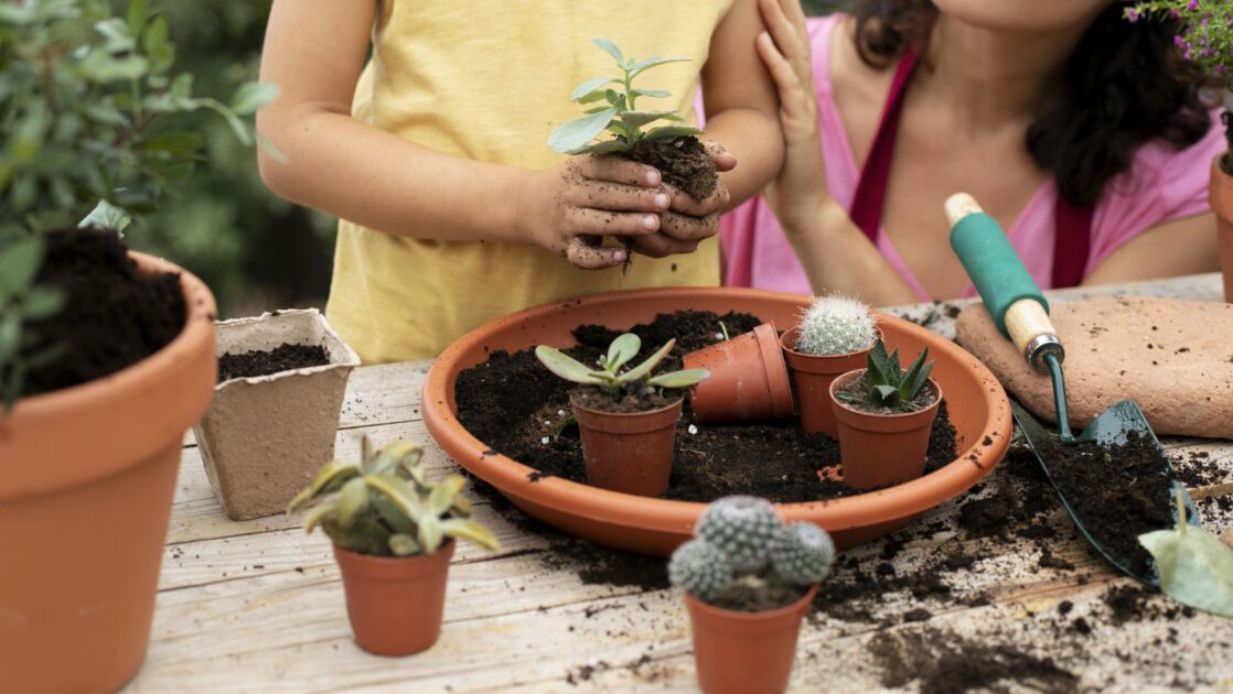 Criança e adulto montam minijardim em vaso.
