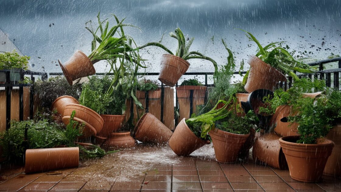 Vasos de plantas caídos e chuva.
