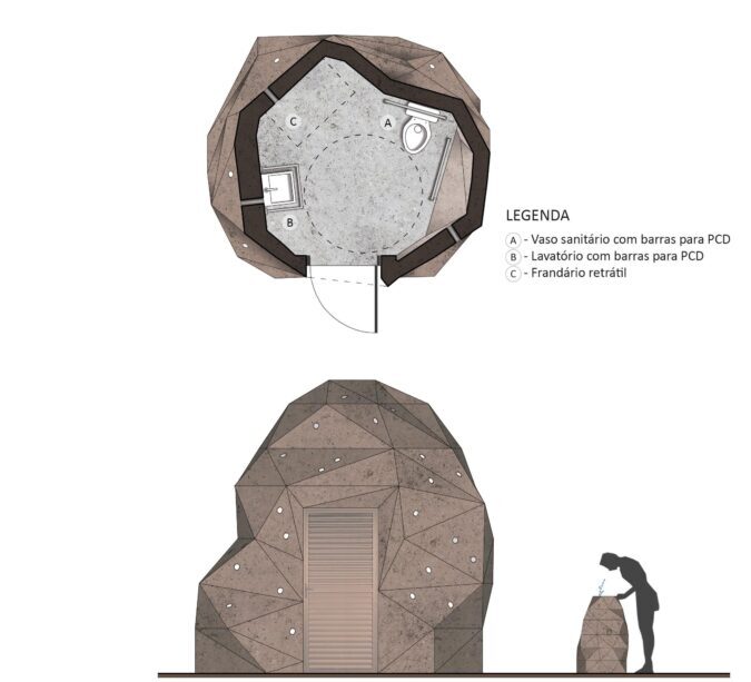 Design biofílico, inspirado em cupinzeiros do Cerrado, de banheiro e bebedouro para parque