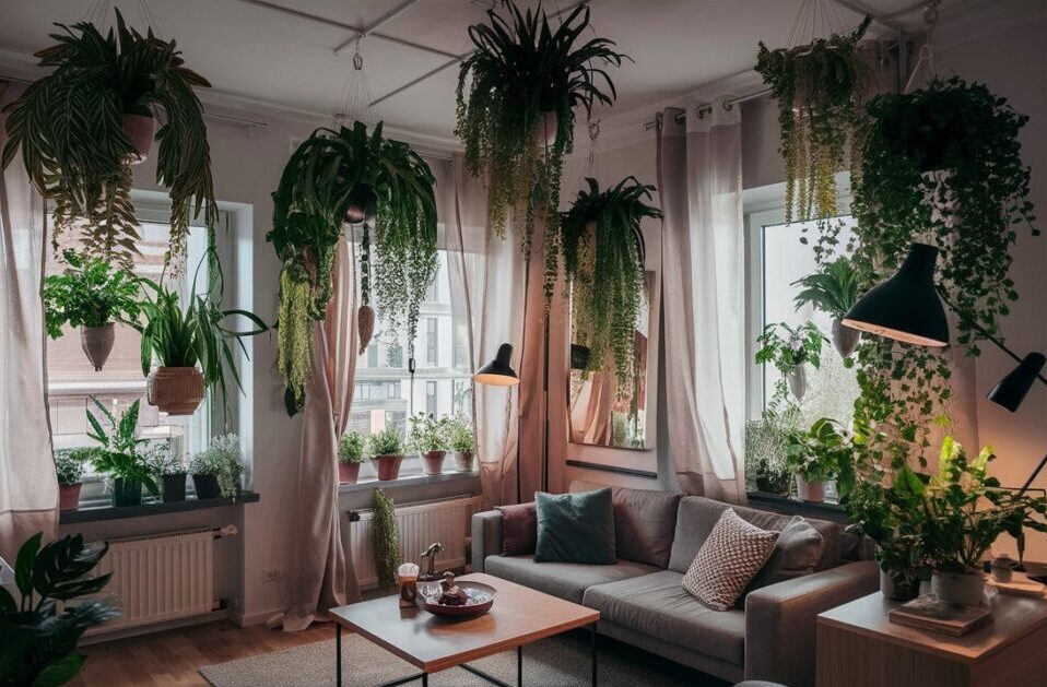 Plantas suspensas adicionam beleza e vida ao ambiente.