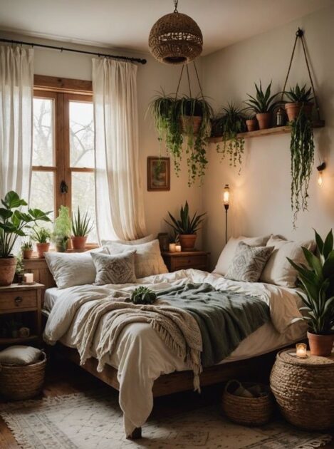 No estilo boho, plantas suspensas e diferentes tipos de plantas dão um ar descontraído e aconchegante